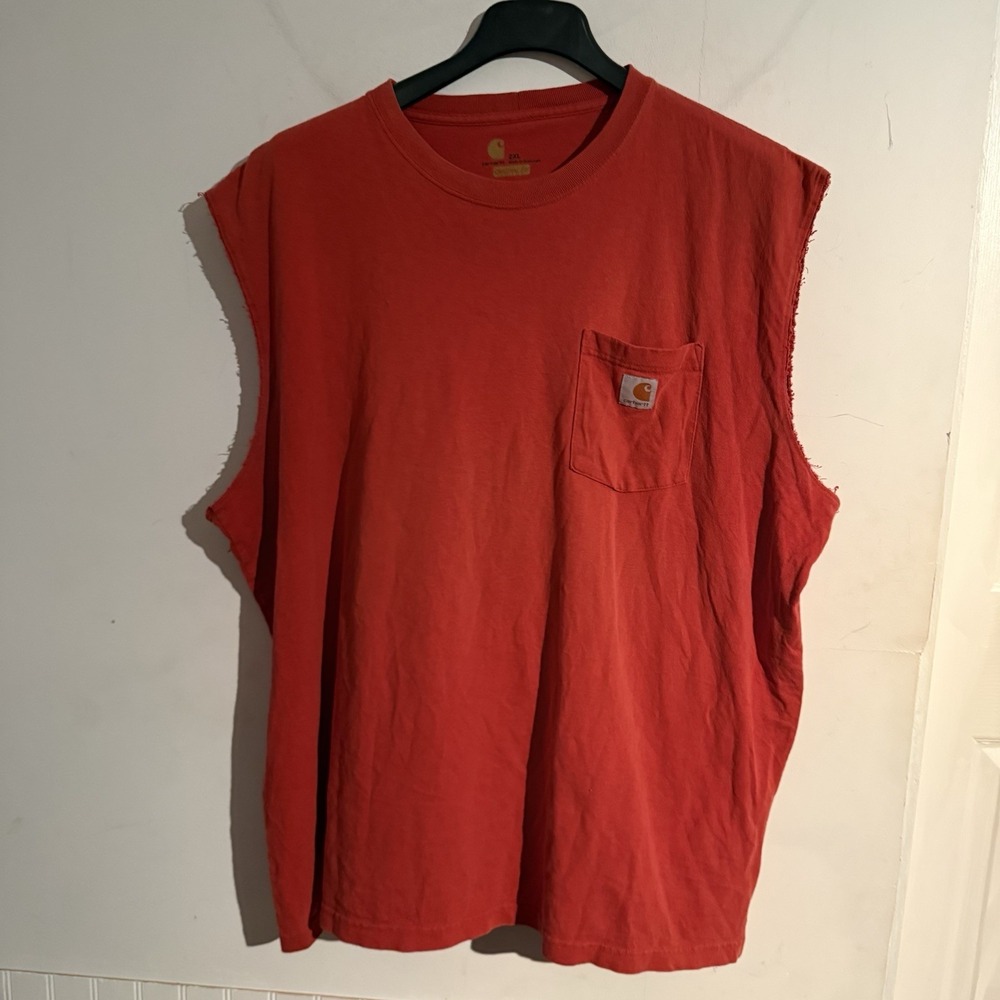 Vintage Carhartt 1889 2X Graphic Cut Off Sleeveless Muscle Shirt Red Distressed